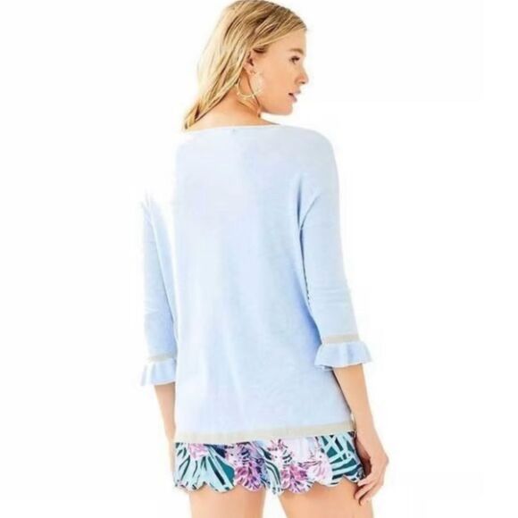 Lilly Pulitzer Charla Sweater Ruffle Cuff Metallic Trim Heatered Blue Size S - Picture 2 of 10